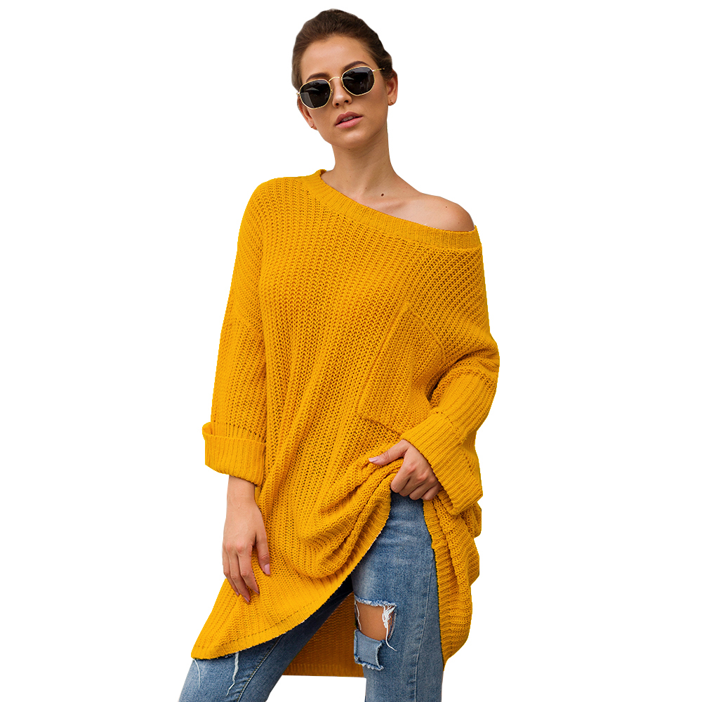 SZ60241-2 Yellow Knit One Shoulder Long Sleeve Casual Sweater